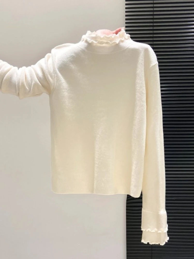 

Chic Korean Style Women's Knitted Sweater Double Layer Ear Mushroom Ruffle Half High Collar Soft Cozy Base Layer Top