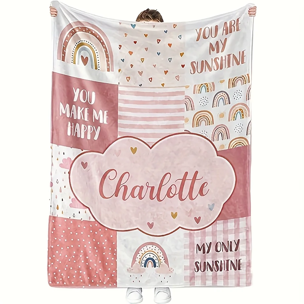 

1pc Personalized Name Boho Rainbow Blanket, You Are My Sunshine Customized Flannel Throw Blanket for