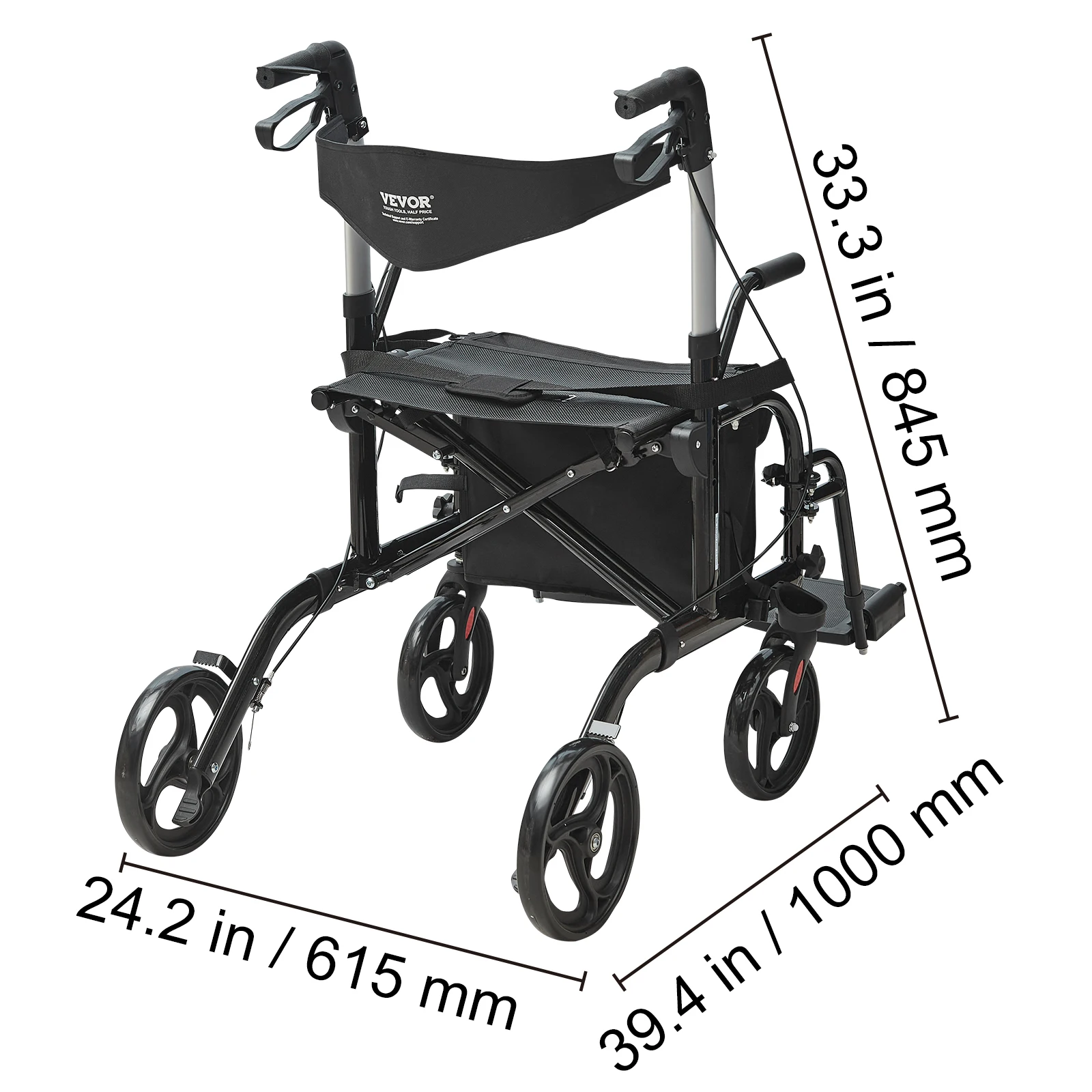 SucceBuy 2-in-1 rollator, rollator en transportstoel voor senioren, opvouwbare rollende rollator, rolstoelcombinatie en aluminium mobiliteitsrollator