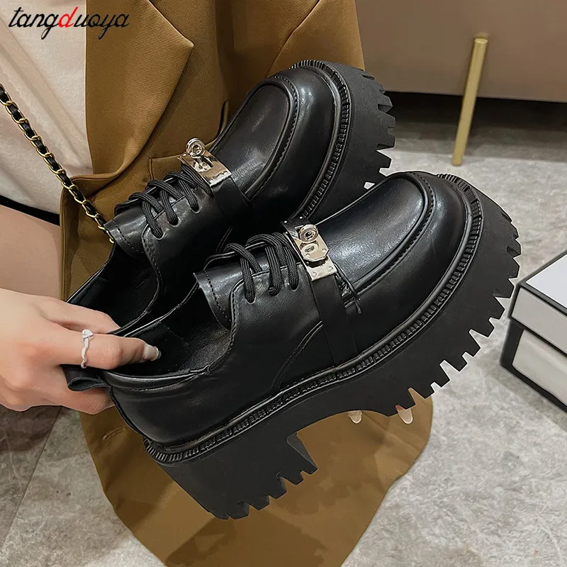 loafers women Platform Shoes for Women 2024 Spring Casual Lace Up Woman Black Thick Sole Oxford Shoes Female heels Vintage shoes