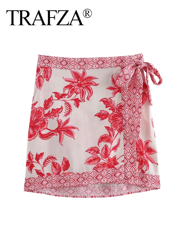 TRAFZA Female Sexy Asymmetrical Mini Skirts Flowers Red Print High Waist Bow Lace-Up Decorate Summer Slim Skirts 2024 Trendy