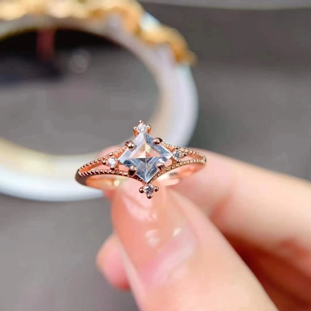 Vintage Silver Gemstone Ring 5mm Princess Square Cut Natural Aquamarine Ring 925 Silver Aquamarine Jewelry view 3