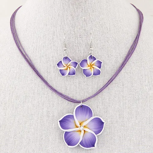 Women\'s sweet Plumeria Flowers Jewelry Sets Polymer Clay Fimo Earrings  Pendant Necklace