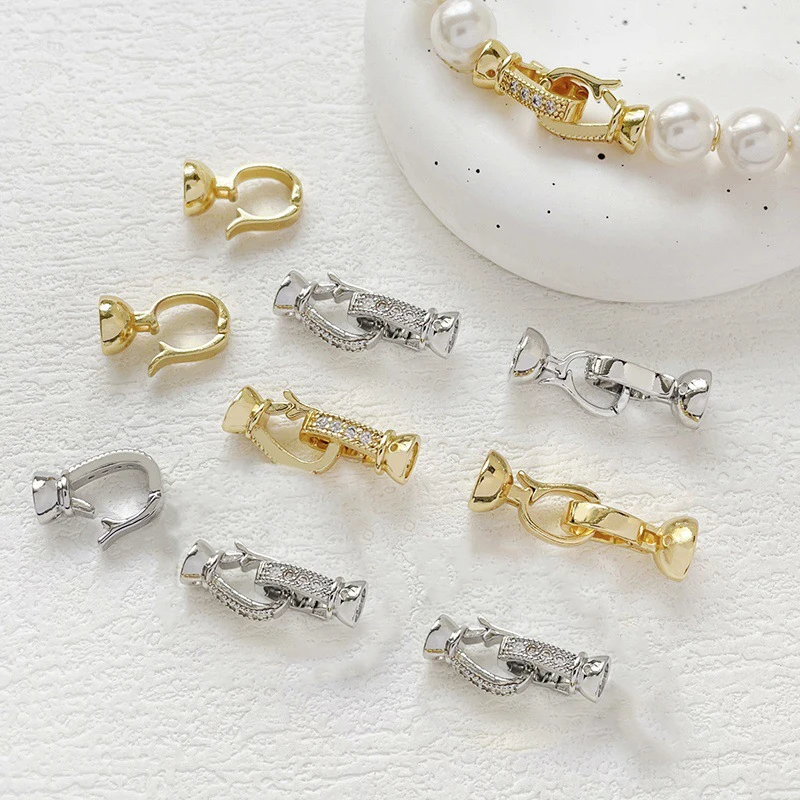 Pearl Enhancer Clasps With End Caps 2Sets Brass Gold Plated Zircon Connector Hook Clasp For Diy Bracelet Necklace Jewelry Making