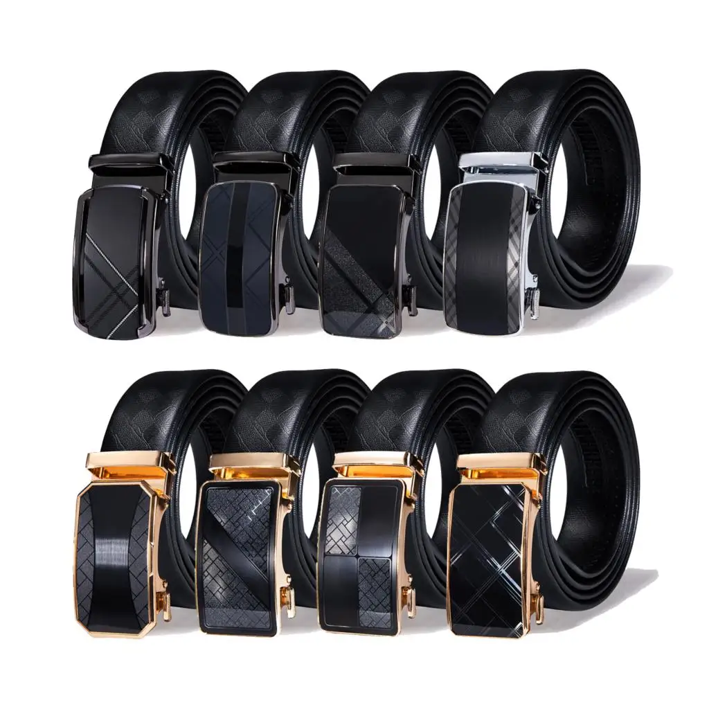 

Hi-Tie Black Gold Automatic Buckle 2023 New Mens Belts Black Genuine Leather Ratchet Waist Belt For Men Dress Jean Wedding Party