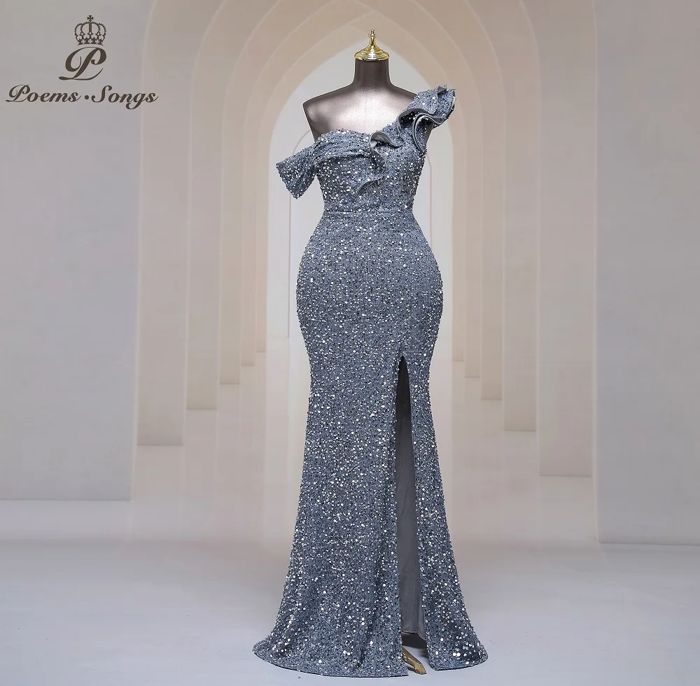 Plus Size Sexy one shoulder Long Formal Evening Dresses Mermaid Sequins Women Party Dresses Gown Maxi dress robe de soirée