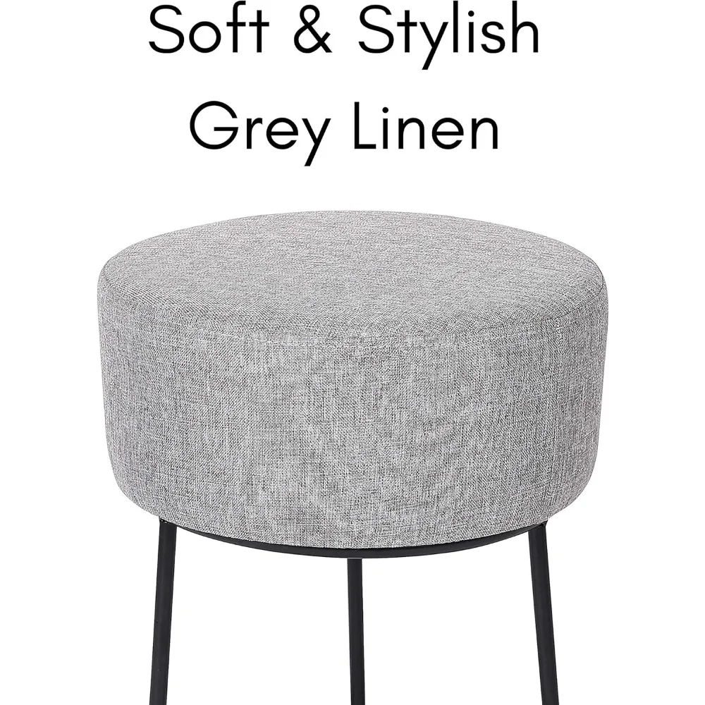 مسند للقدمين من الكتان - كرسي منجد بأرجل معدنية سوداء - مقعد دائري مبطن ناعم لغرفة المعيشة