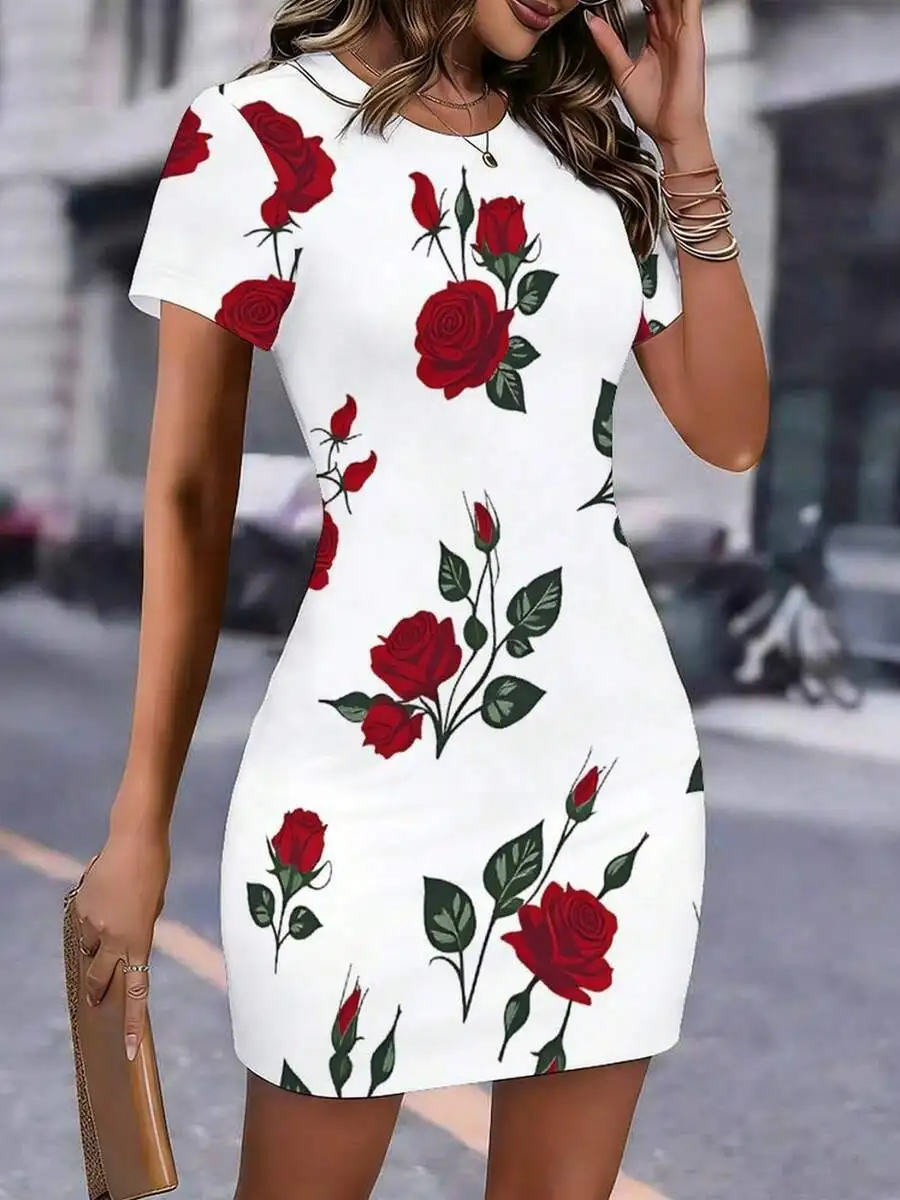 

Womens Rose Print Bodycon Mini Dress Short Sleeve Round Neck Party Casual Wear