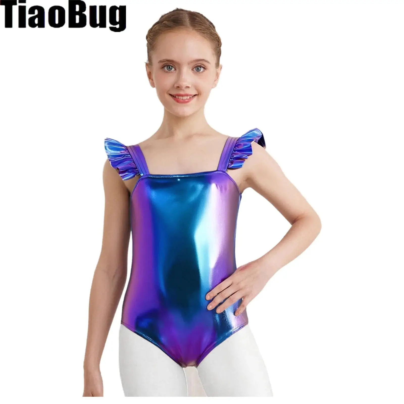 

Girls Metallic Shiny Leotard Gymnastics Ballet Dance Bodysuit Ruffled Sleeveless Skating Jumpsuit Unitard Performance Costumes