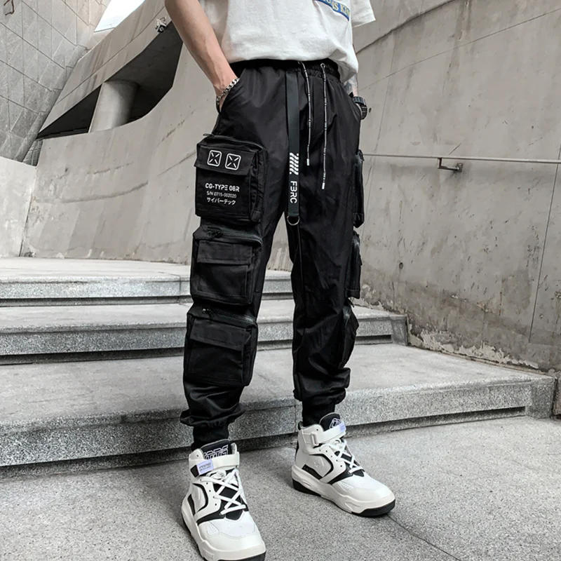 Multi Pocket Cargo Paratrooper Sports Men's Pants Printed Techwear Wind Black Multi-Pocket Loose Tappered Casual Trend