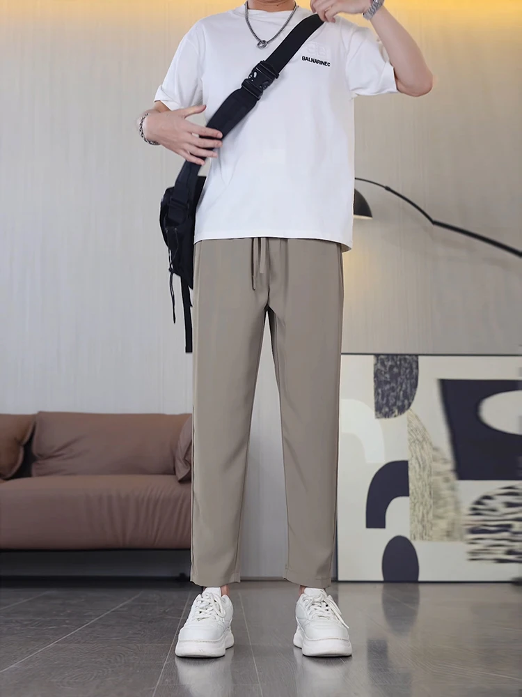 

Мужские летние повседневные брюки цвета хаки из ледяного шелка, быстросохнущие, свободного кроя, прямые, дышащие, комфортные, со средней/высокой талией