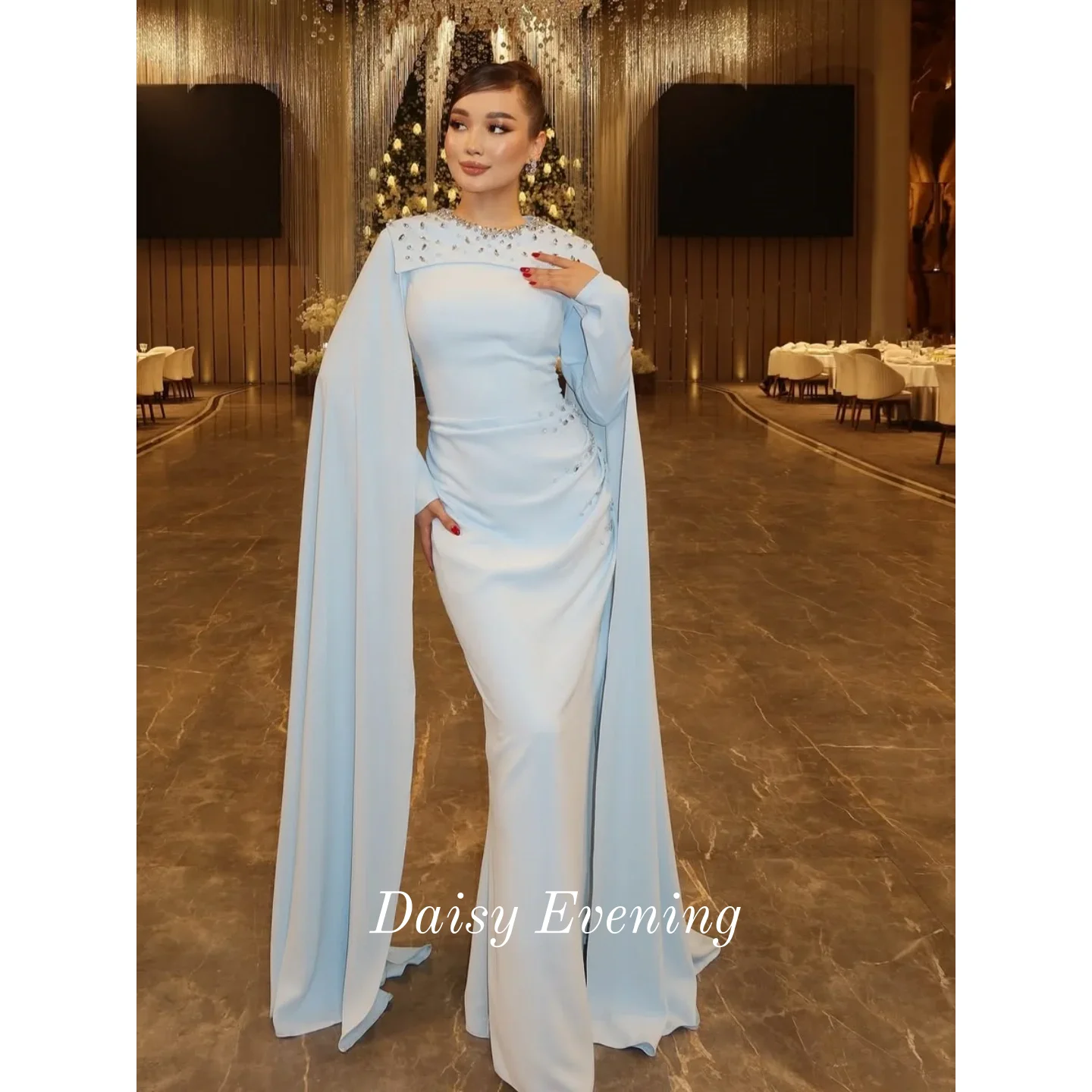 

O-Neck Pleated Prom Dresses Customized Mermaid Party Dresses Long Sleeves Evening Dresses Beadings Floor Length Saudi Arabia