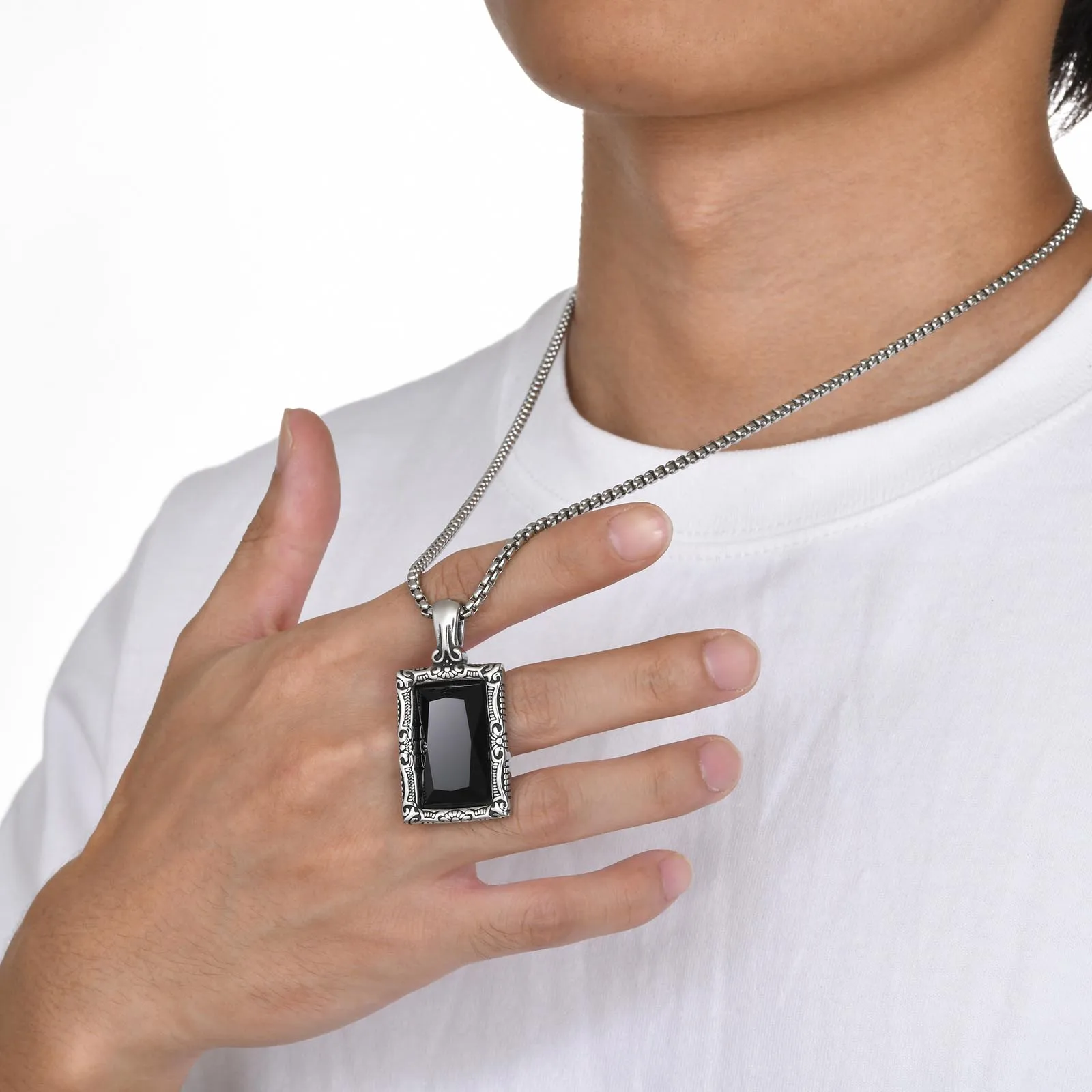 Square Black Stone Necklaces for Men, Retro Stainless Steel 