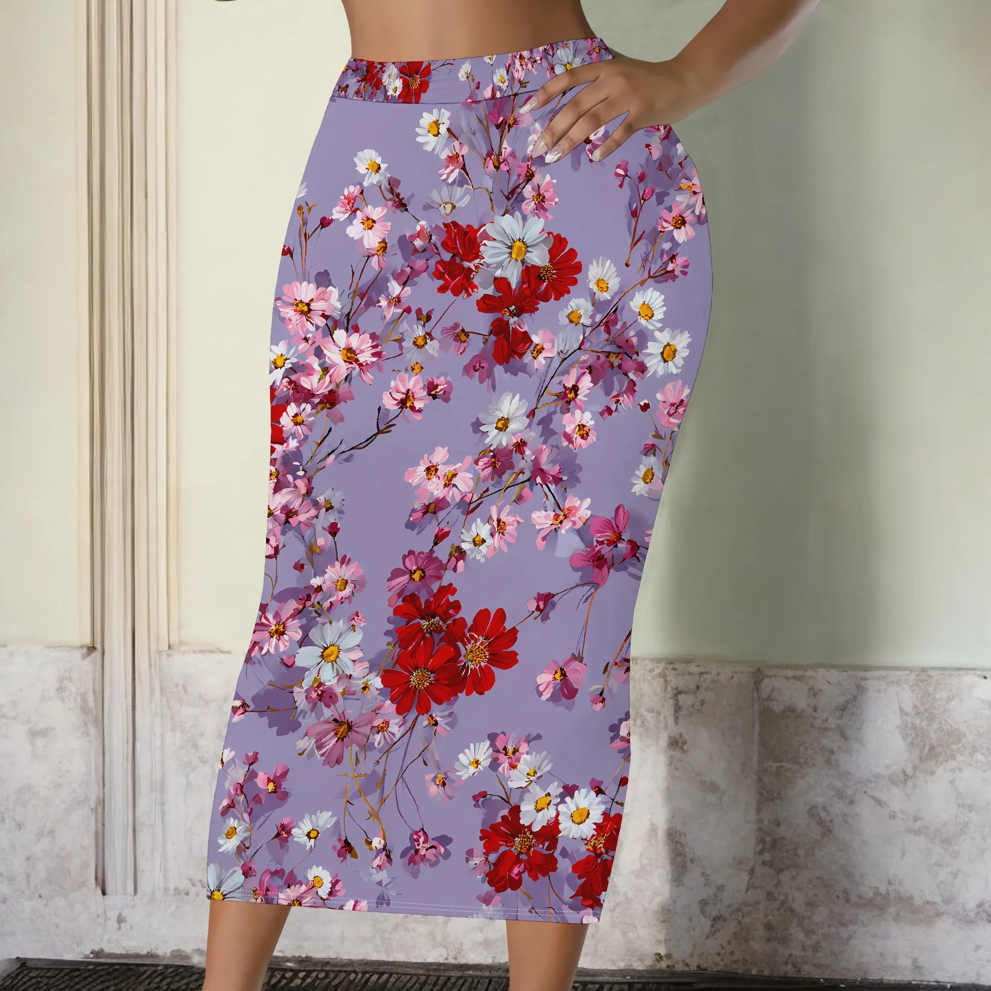 Floral Print Midi Skirt, Red Flower Pattern Pencil Skirt, Purple Base Bodycon Skirt, High Waist Slim Fit for Women, S-2XL