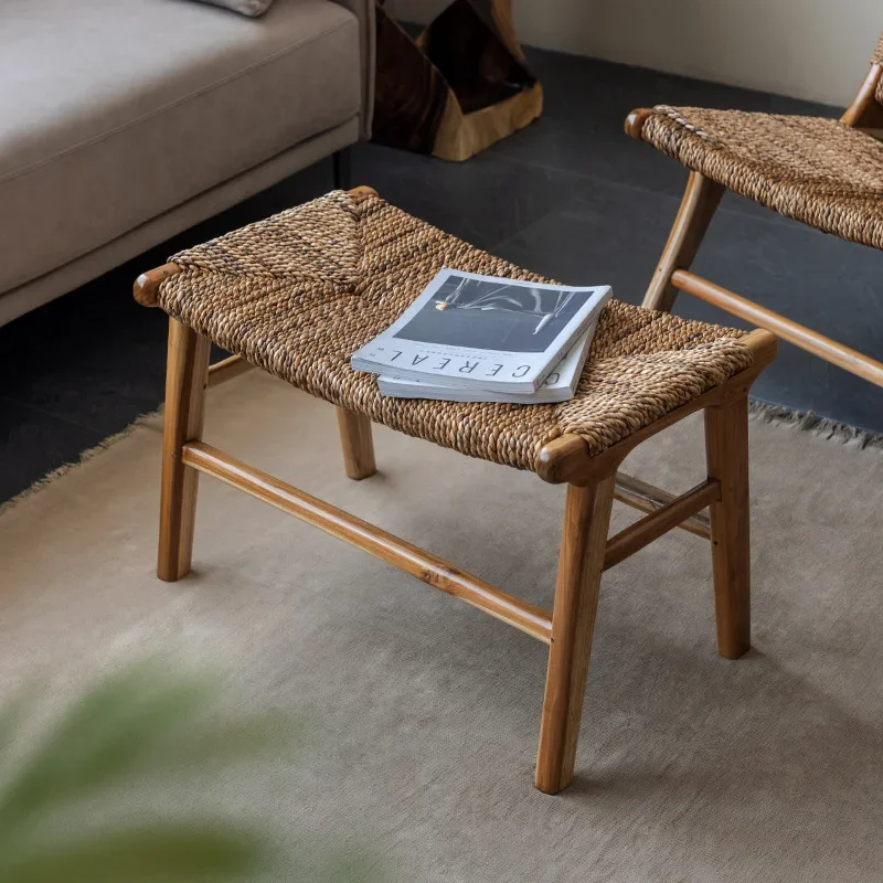 original imported shoe changing stool solid wood Nordic rattan pedal ottoman dressing stool straw