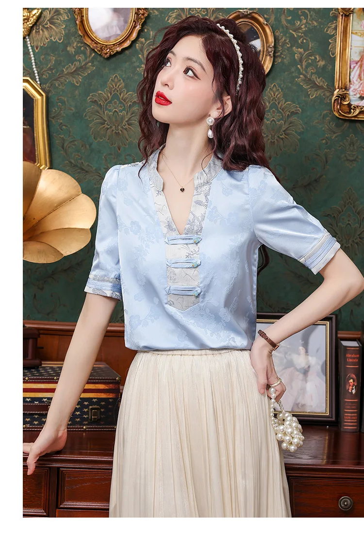 Satin Chinese Style Women\'s Shirt Summer Silk Vintage Blouses Loose Short Sleeves Women Tops V-necks Fashion Clothing