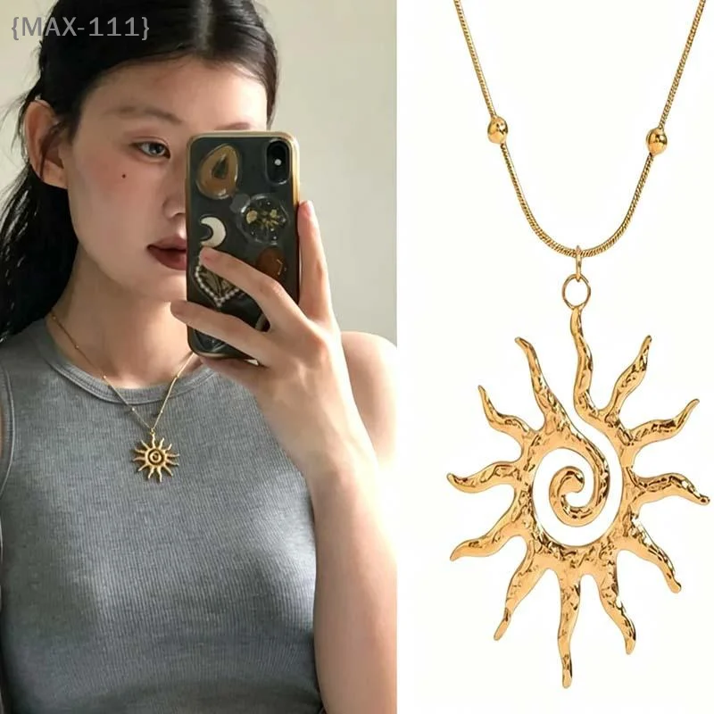 【MAX-111】Gold Plated Spiral Sun Pendant Necklace Earrings Tarnish Resistant Bohemian Design For Daily Wear Vacation Beach Trips
