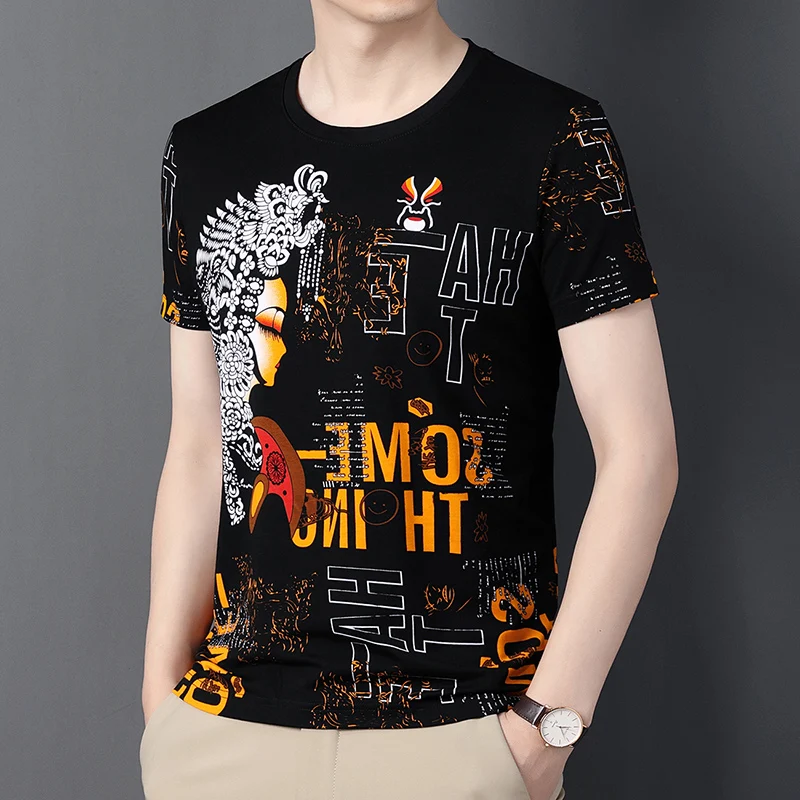 Summer T-shirt Men's Dark Pattern Chinese Style Genuine Half Sleeve Printed Beijing Opera Face Pattern T-shirt Cotton