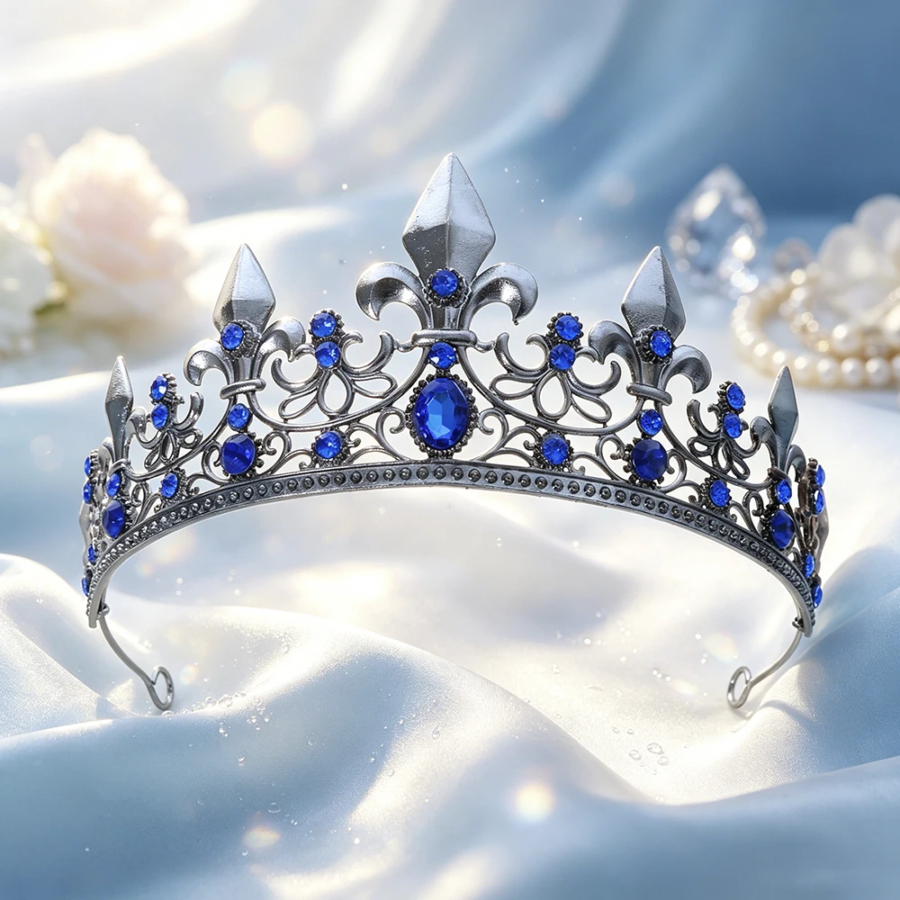Medieval Gothic Antique Silver Rhinestone Crown Bridal Tiara Hair Accessory Vintage Royal Headwear Wedding Costume Theme Parties