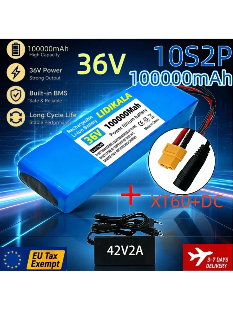 36V 10S2P 150000mAh Lithium-Ionen-Akku mit integriertem BMS XT60+DC-Stecker und 42V 2A Ladegerät für E-Bike, Scooter, Elektrofahrrad, Rollstuhl