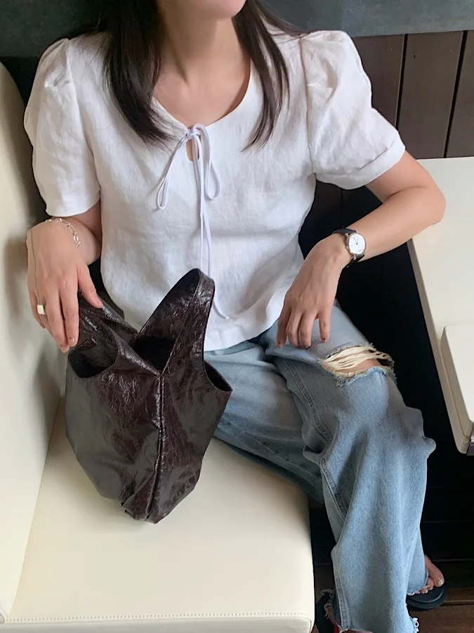 Csa Fena de Manga Curta com Manga Bufante Design Versátil Verão 2025 Csa Casual Faion Fena Top de Qualidade P...