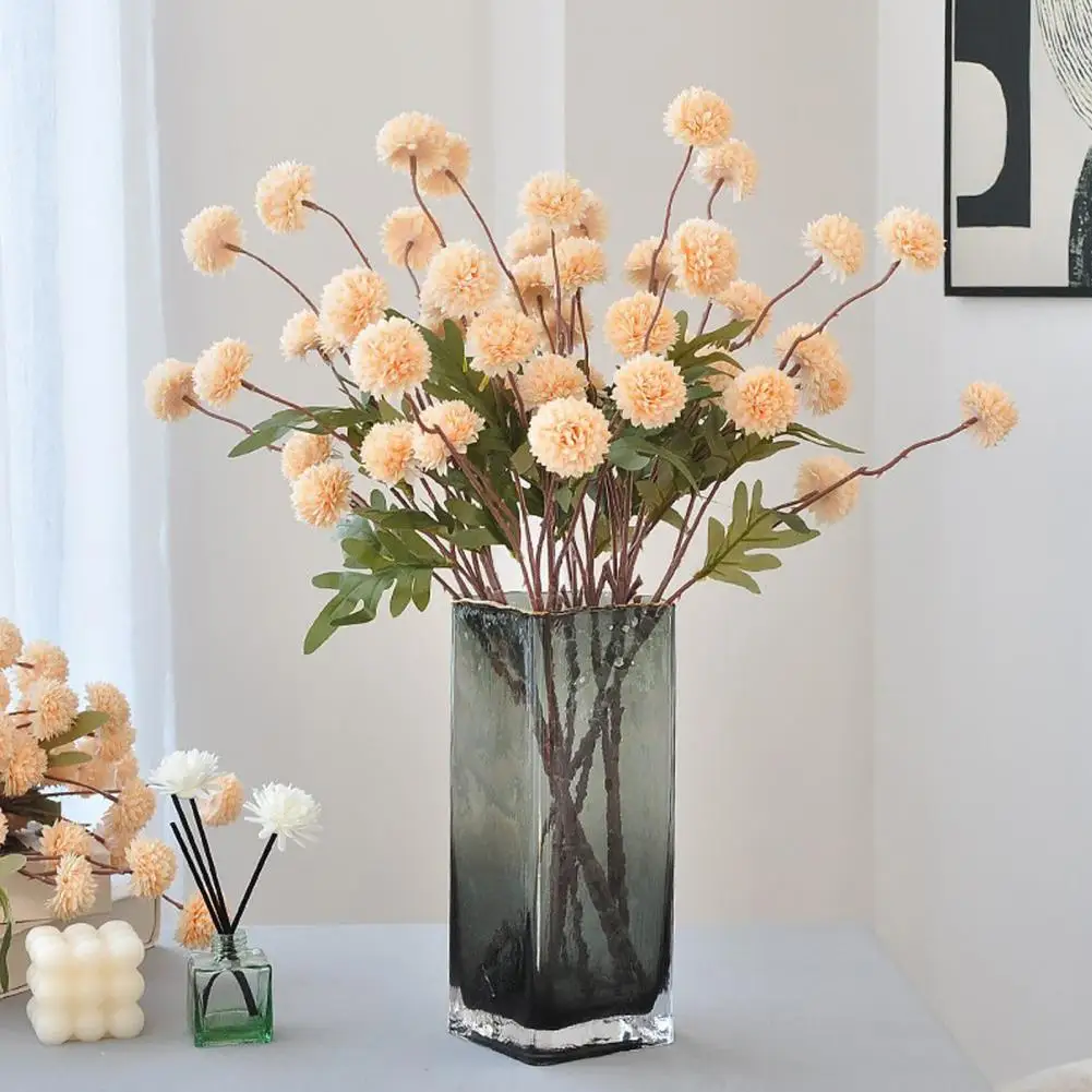 5 Heads Silk Dandelion Flower Ball Pompom Artificial Flowers Branch With Green Leaves For Home Wedding Decorations Fake Flowers