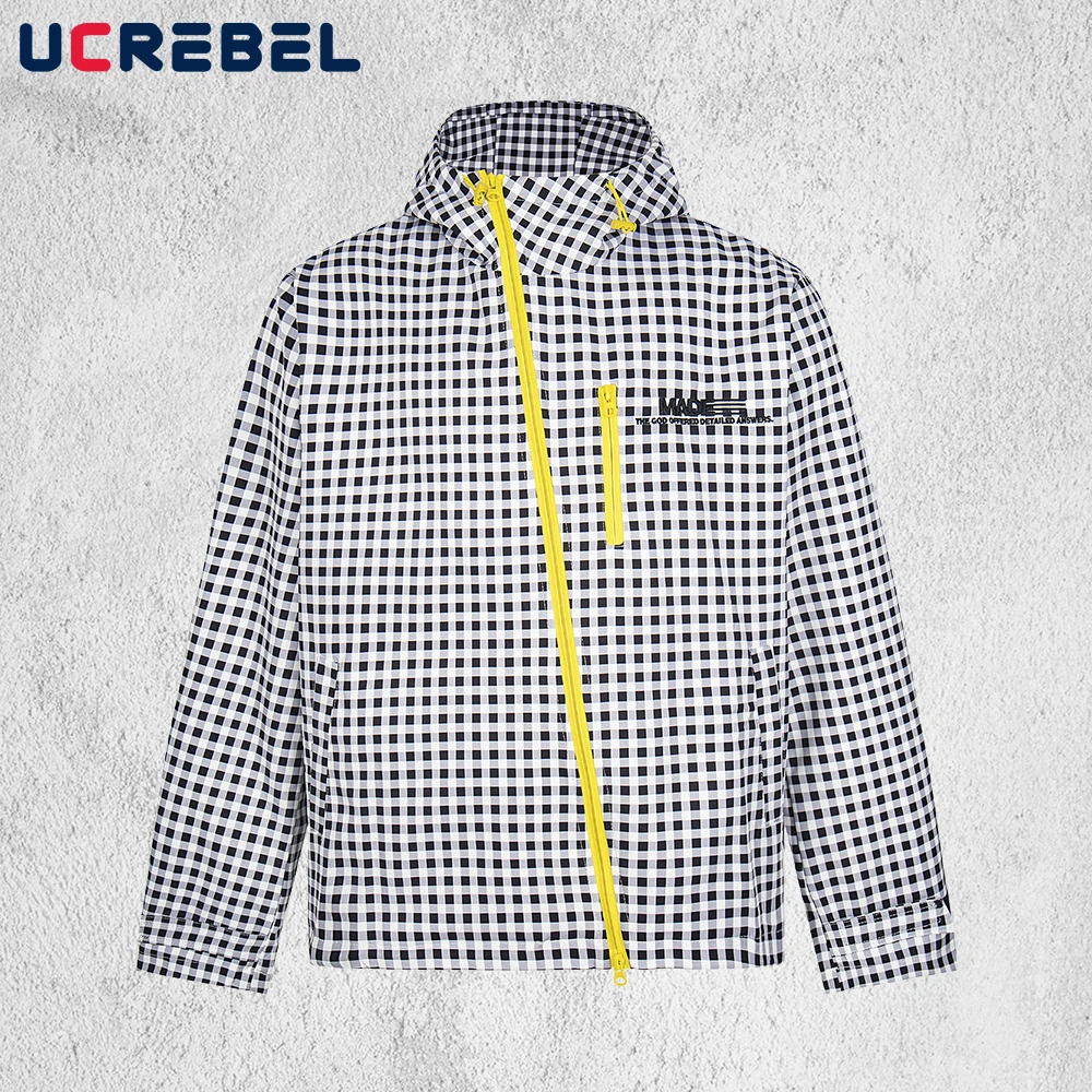 Contrast Paneled Plaid Jacket Mens Letter Embroidery Autumn Streetwear Stand Collar Long Sleeve Windbreaker Man