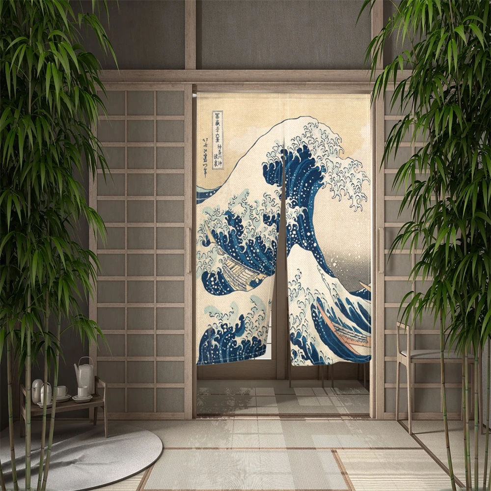 Ocean Waves Japanese Door Curtain Cherry Blossoms Doorway Curtains River Linen Drape Noren Restaurant Decor Hanging Half Curtain