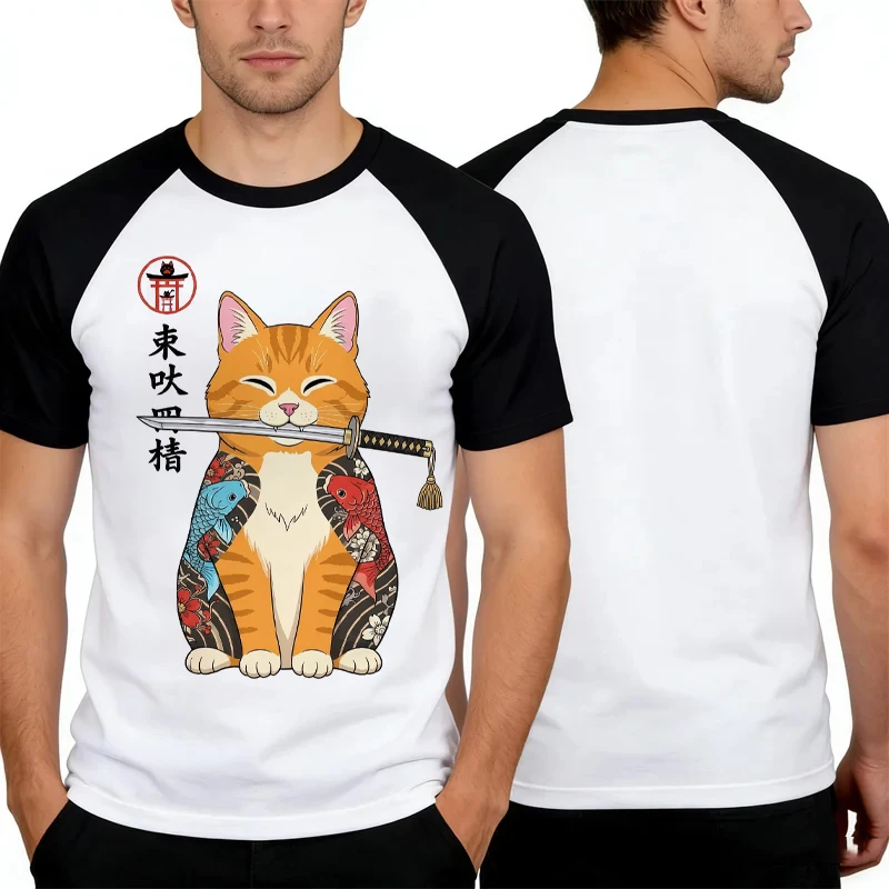 

Summer Men's T-shirt Funny Samurai Cat 3D Print Short Sleeve Tees Casual Versatile Loose Top Fashion Comfortable O-neck Pullover