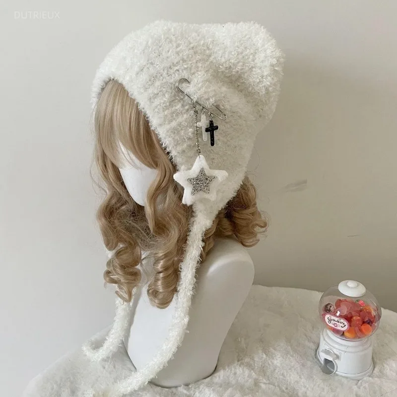 Y2K Cute Star Knitted Beanie Hat Ins Cute Japanese Gorras Knitting Wool Warm Cap Autumn Winter Cat Ears Pointed Women Hats