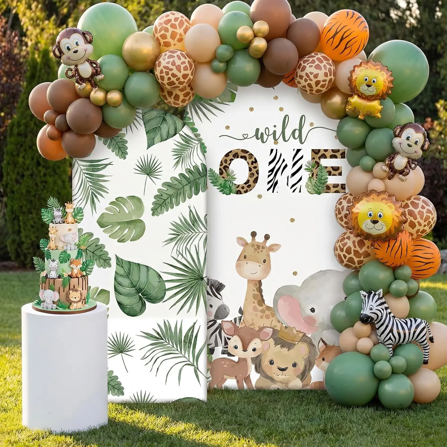 Green Wild One Arch Backdrop Cover Animals Kids Happy 1st Birthday Cake Table Background Jungle Theme Safari Party Decorations