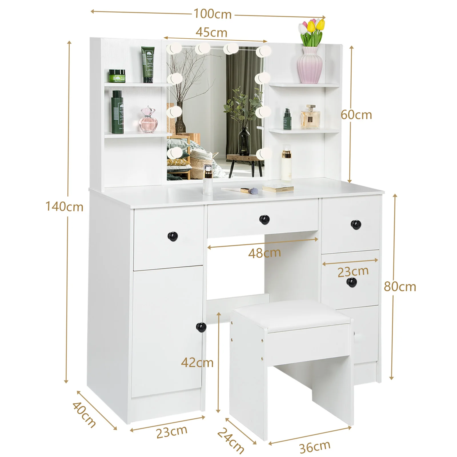 Teousev White Modern Vanity Set with 10 LED Lighted Mirror 5 Drawers & Stool 3 Color Dimmable Easy Assembly Bedroom Dressers image 7
