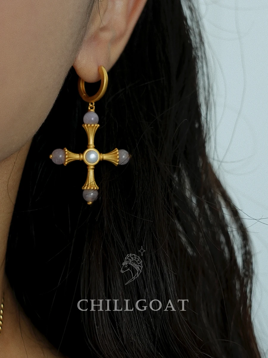 Origin Cross Symbol Original Design Purple Crystal Earrings Stud Earrings Niche Premium