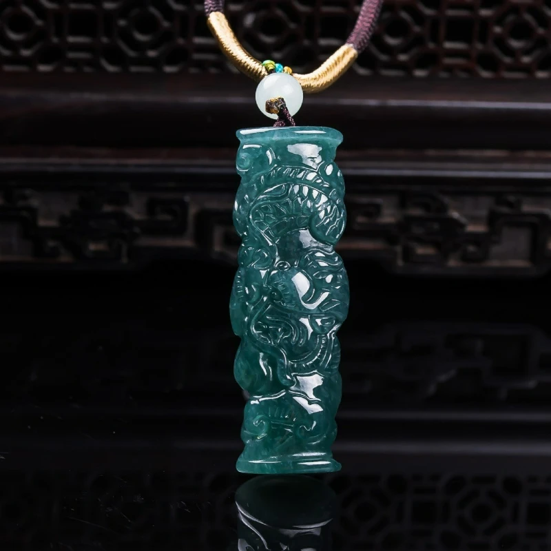 

Natural Jade Blue Water Carved Zodiac Dragon Jade Column Necklace Pendant Ice Jadeite for Men and Women Couples Amulet Gift