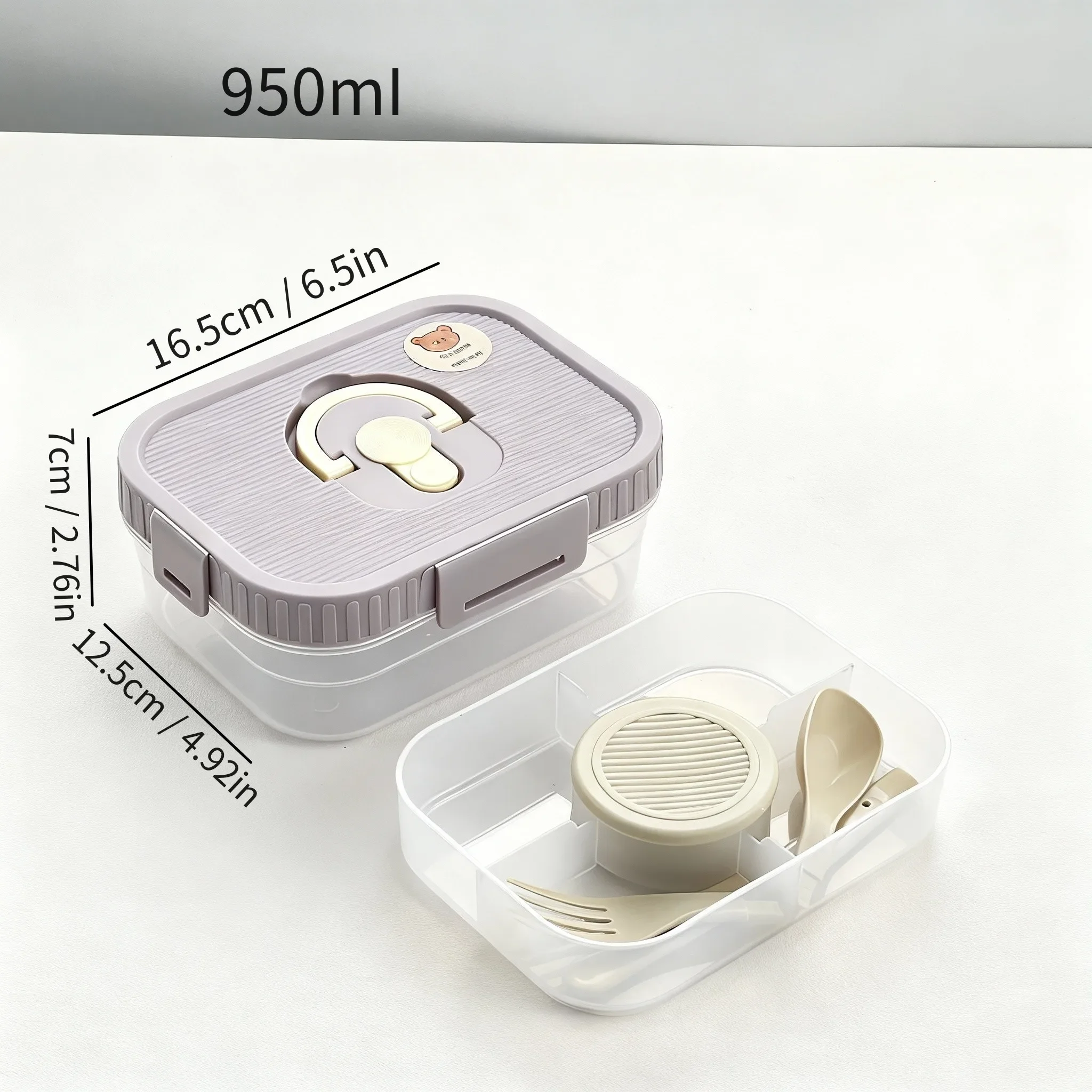 Draagbare, dubbele lunchbox van kunststof met vakken, inclusief sausbakje en bestek, groot volume, geschikt voor fruit, salades en andere voedingsmiddelen, en magnetronbestendig.