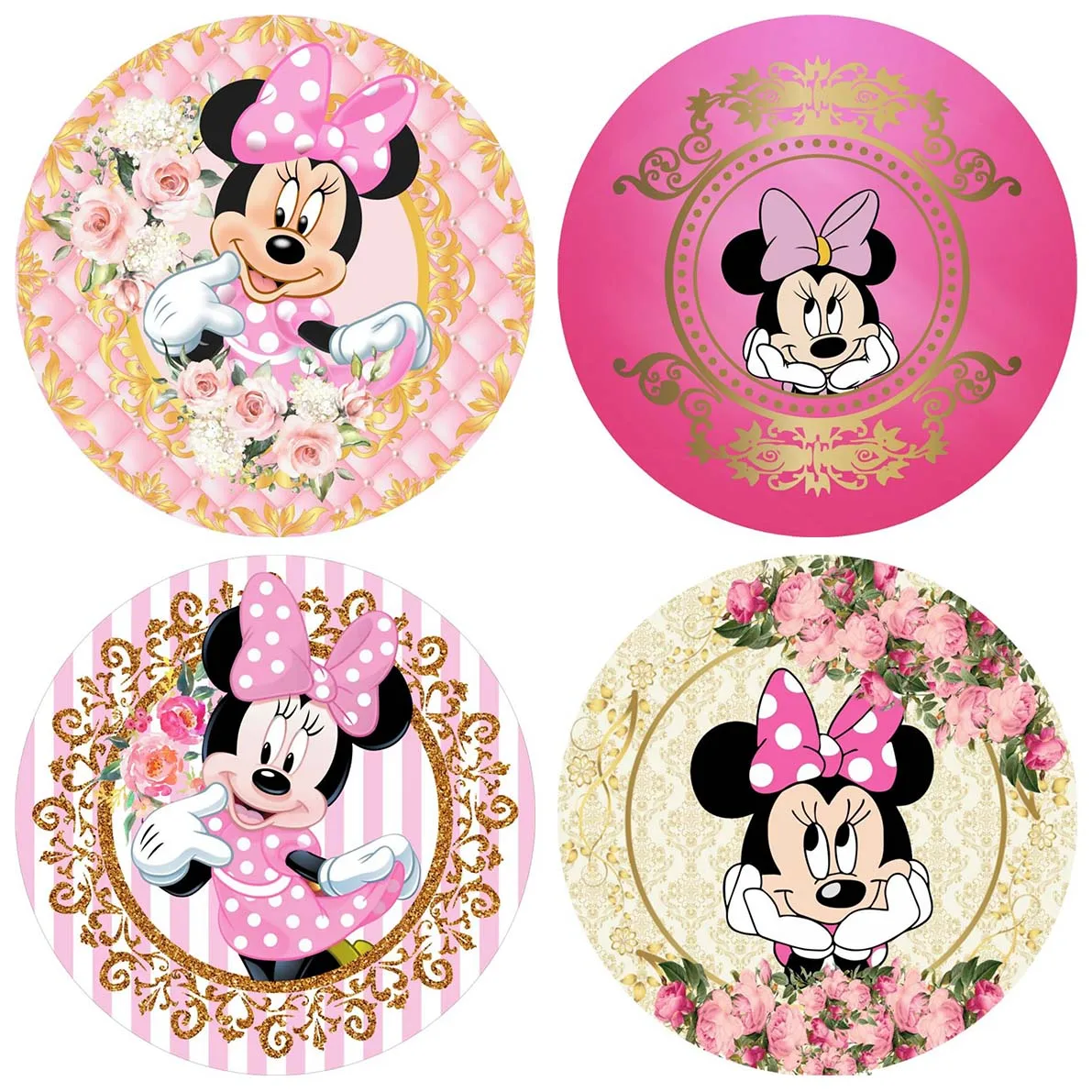 Cute Pink Red Minnie Mouse Elasticity Round Backdrop Cover for Girls Newborn Baby Shower 1st Birthday Party Circle Backgrounds