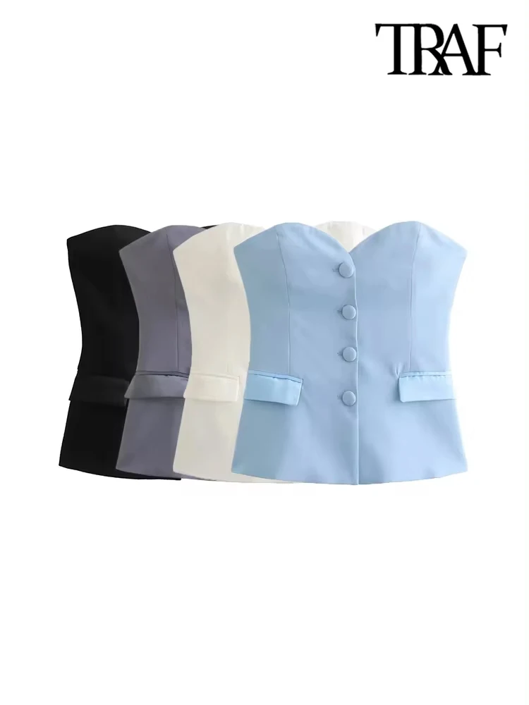 TRAF-Women's Strapless Patchwork Satin Bustier Tops, Straight Neck, Front Button, Female Camis, Sexy Fashion