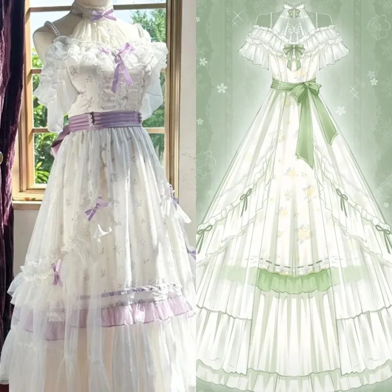 

Bow Cake Dresses Gothic Lolita Dresses Y2K JK Layered Pullover Green Purple Lace Kawaii Hollow Out Long Sleeve Outfit Dress New