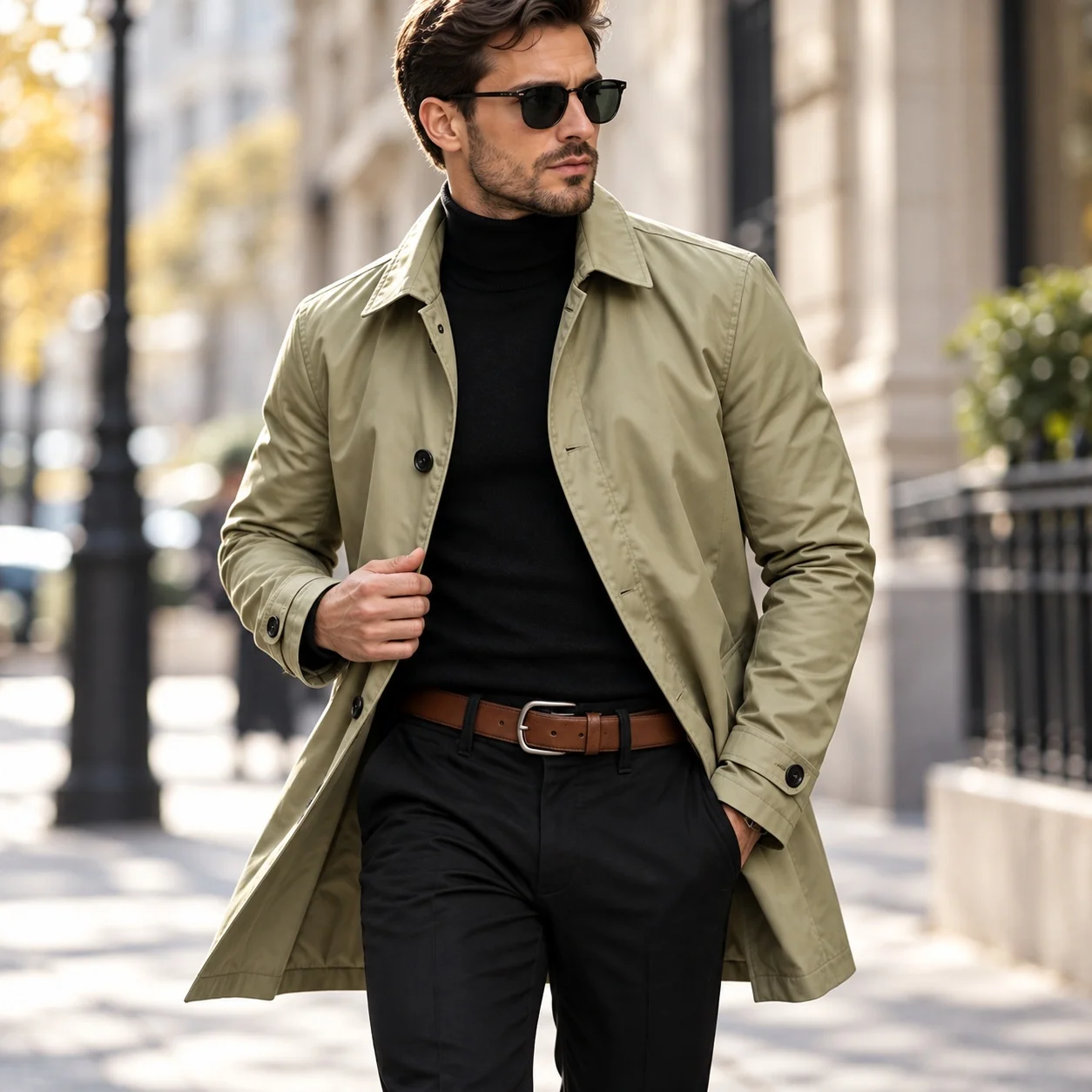 Casual Loose Fit Belt with Commuter Style Not Hooded Topstitched Patch Pocket Notched Lapel Multiple Pockets Spring for Men