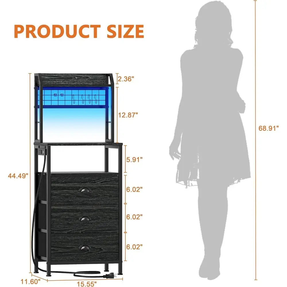 منضدة طويلة بطول 44 بوصة مع قاعدة شحن، طاولة بجانب السرير مضاءة بإضاءة LED، طاولة نهاية للتخزين بثلاثة أدراج، حامل ليلي لغرفة النوم مع P