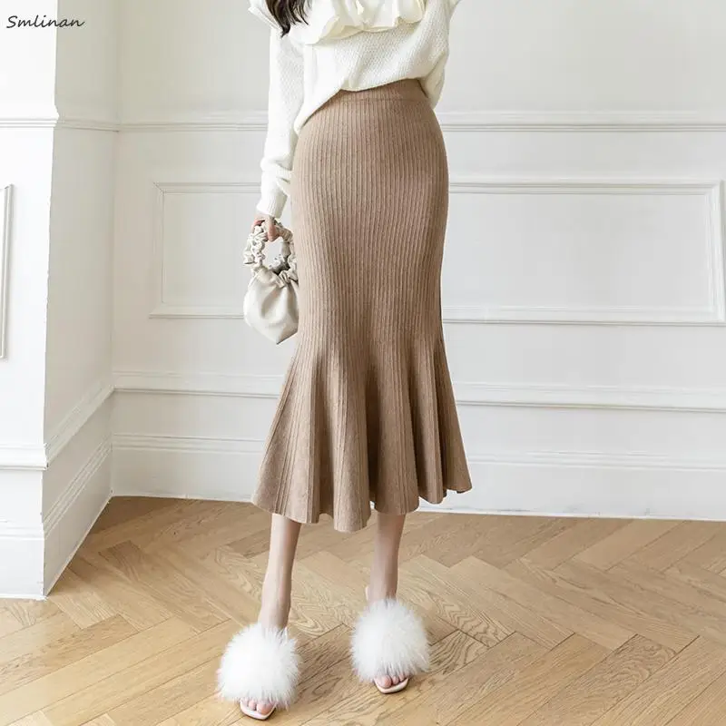 

2023 осенне-зимняя вязаная длинная юбка с высокой талией, женская элегантная повседневная юбка с оборками, юбка-карго в Корейском стиле