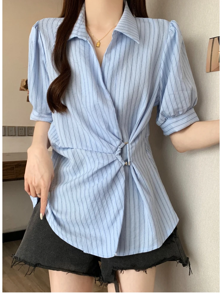 قمصان نسائية فرنسية مخططة بلوزات بيضاء غير منتظمة عتيقة للسيدات بأكمام طويلة وأزرار أنيقة تصميم نحيف جديد #3