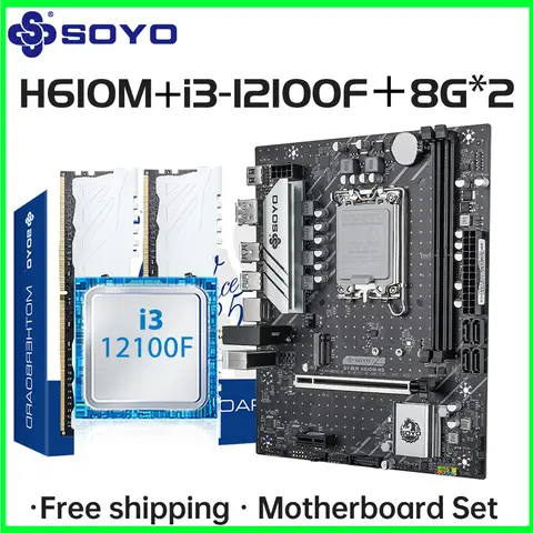 SOYO Motherboard Set H610M LGA1700 with Intel CPU i3 12100F DDR4 (8G*2) 16GB 3200MHz Desktop Computer components SATA3.0 M.2
