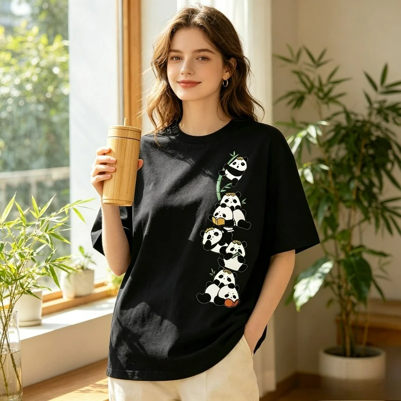 Panda Bamboo Print T-Shirt 100% Cotton Cute Animal Graphic Tee Vintage Style Y2K Aesthetic Casual Panda Lover Tops for Women