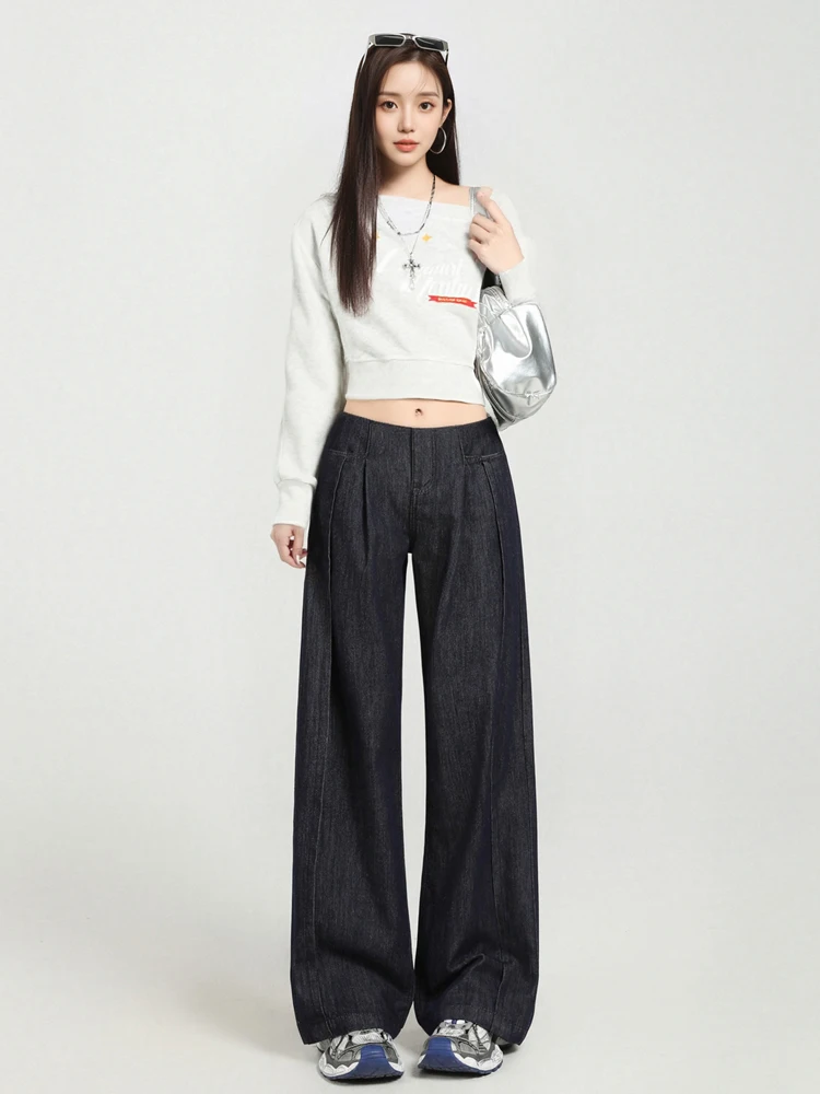 

Deep Blue Retro High Waist Wide Leg Jeans Women's Spring New Style Slimming Versatile Loose Non-fading Pants Casual Cotton Blend