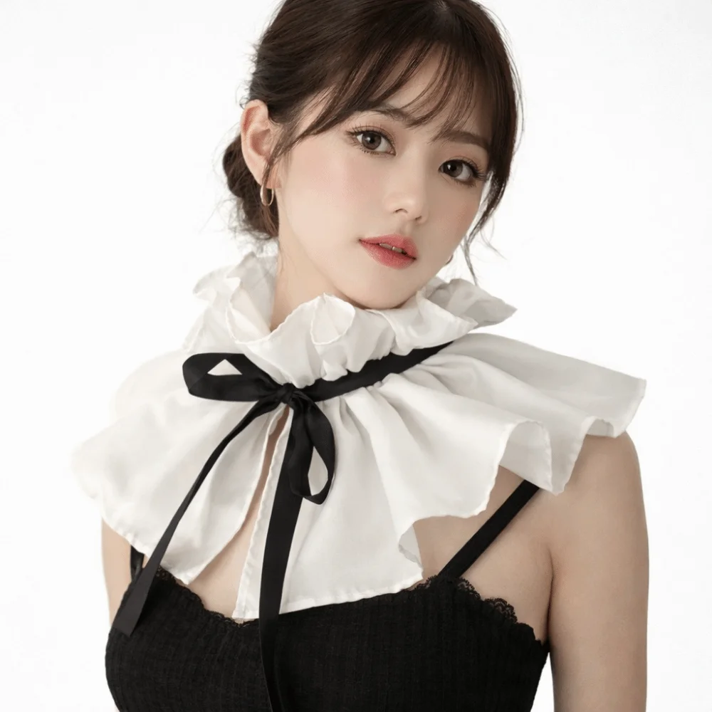 Ribbon Tie Detachable False Collar Lace Up High Neck Faux Ruffled Shawl Ruff Polyester White Pleated Retro Fake Stand Collar