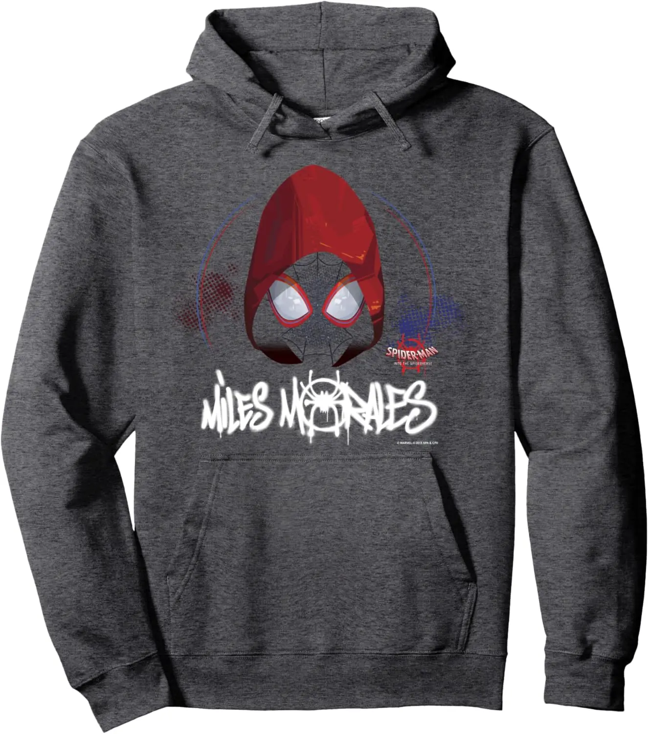 Mens Cotton Fleece Hoodie with Miles Morales Spider Man Print Red Black Mask Design Blue Red Circle Frame on Black Pullover