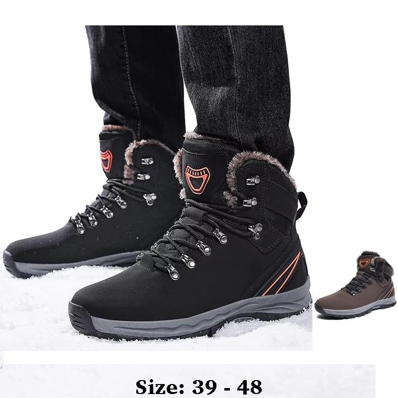 

High quality ankle length leather snow boots for men size 47 48 new 2025 winter outdoor hiking mountain shoe black brown