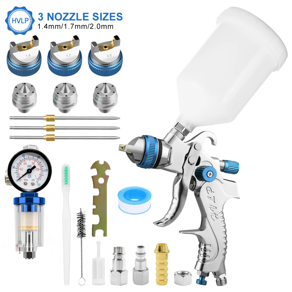 HVLP Spray Gun with Adapter & Mix Tank Car Repair Paint Spray Guns 1.4/1.7/2.0mm Nozzle for Painting Water Based Air Spray Gun