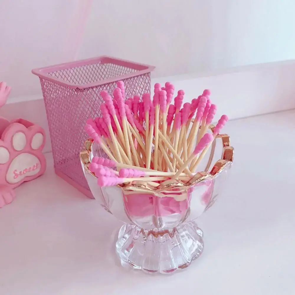 100 Pcs/Pack Double Head Disposable Cotton Swab Cute Ear Clean Pink Clean Wooden Sticks Cosmetic Tools Home